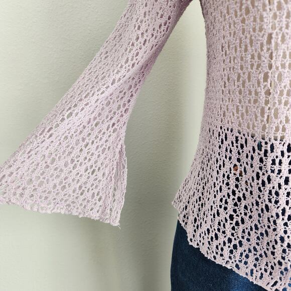 Y2K Purple Lavender Crochet Tie Front Cardigan Bell Sleeve Open Knit Top S - Picture 2 of 7